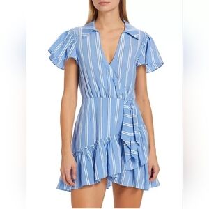 CINQ A SEPT Lila Ticking Stripe Wrap-Style Mini-Dress Oxford Blue SZ 10